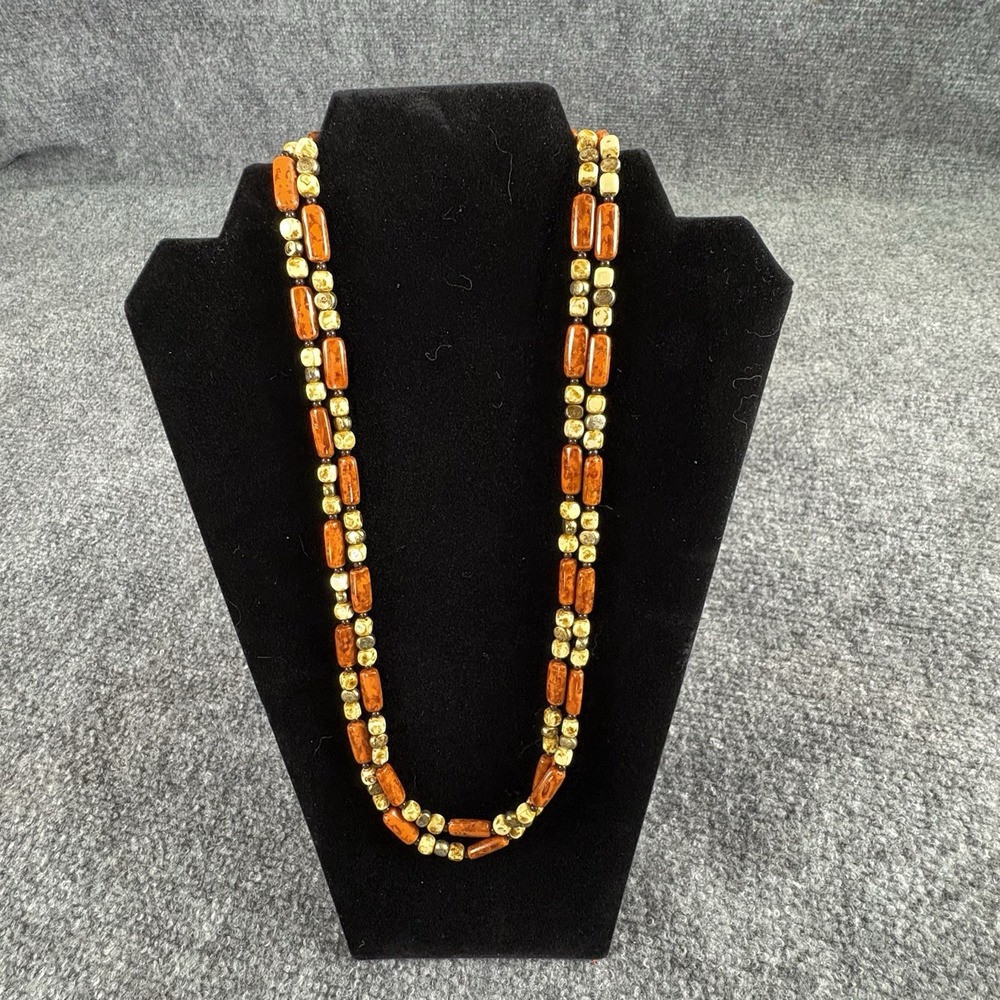VTG 70s Burnt Orange‎ Cream Ceramic Beaded Necklace 49" Boho Retro Earthy Hippie